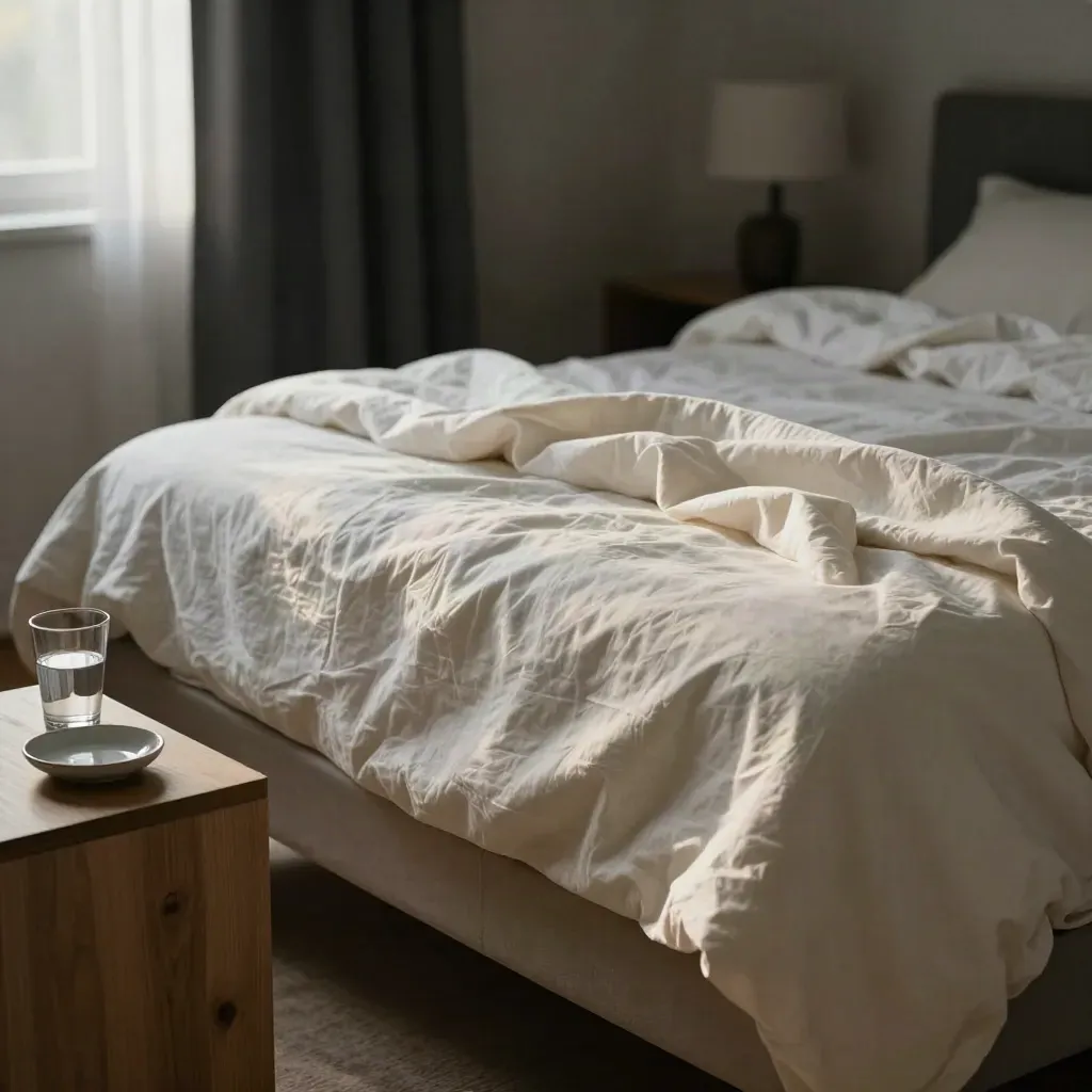 Letto rifatto con bicchiere d’acqua e luce del mattino, atmosfera calma e intima.