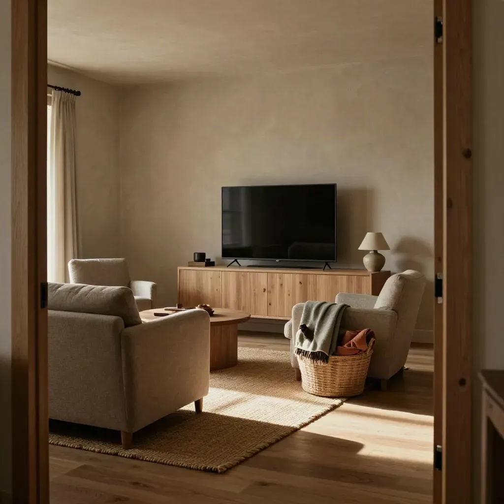Salotto familiare caldo con due poltrone, TV spenta e cesta di coperte in luce morbida.