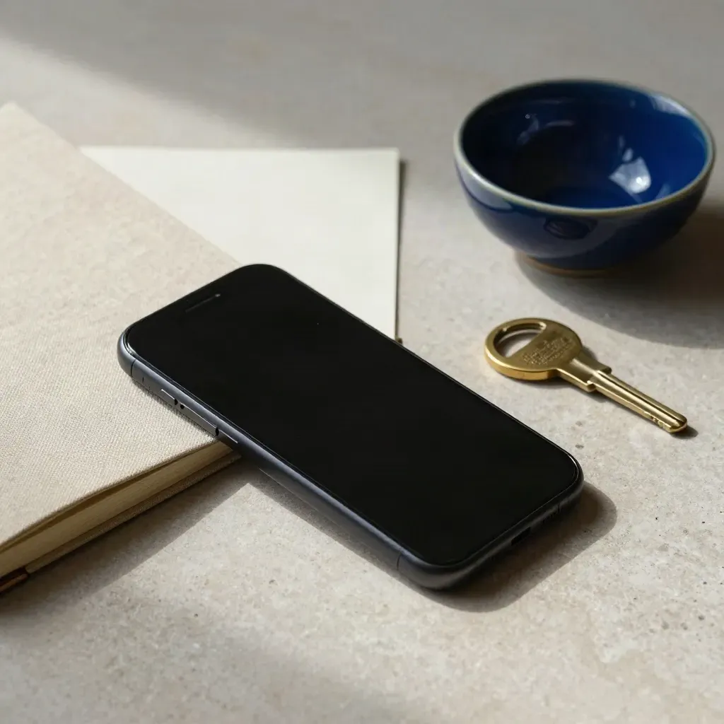 Telefono capovolto, quaderno di lino chiuso, anello in ottone e ciotola blu su pietra chiara.