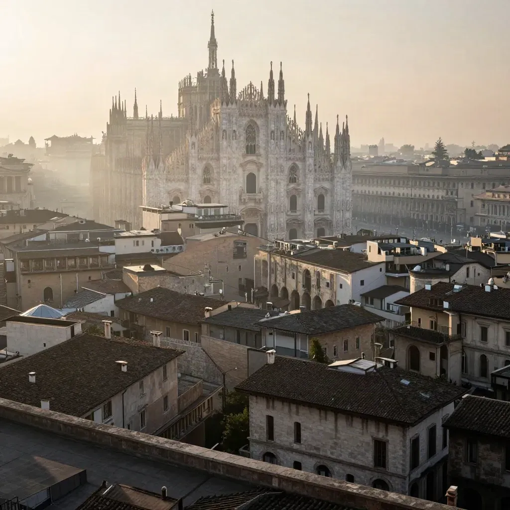 Tetti di Milano con il Duomo tra foschia dorata e pietra chiara al mattino.