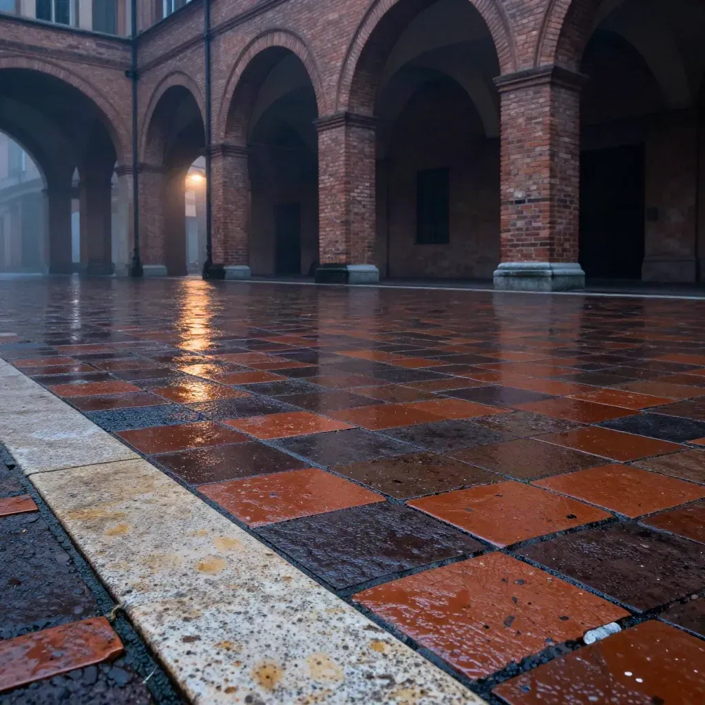 Pavé in cotto di Bologna e portici in nebbia, con spazio calmo per il testo.